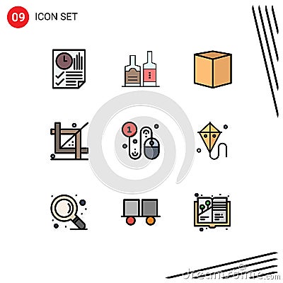 Mobile Interface Filledline Flat Color Set of 9 Pictograms of programing, design, bottles, crop, e Vector Illustration