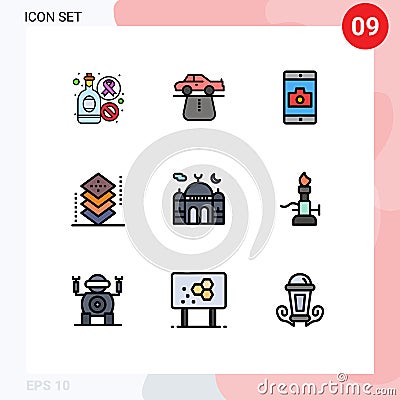 Mobile Interface Filledline Flat Color Set of 9 Pictograms of programing, development, comfort, design, camera Vector Illustration