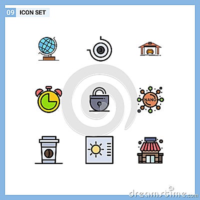 Mobile Interface Filledline Flat Color Set of 9 Pictograms of security, lock, building, timer, clock Vector Illustration
