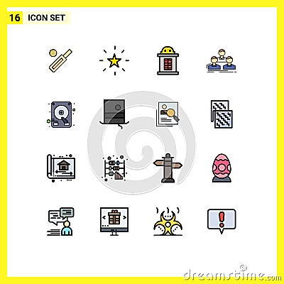 Mobile Interface Flat Color Filled Line Set of 16 Pictograms of disk, people, star, group, company Vector Illustration