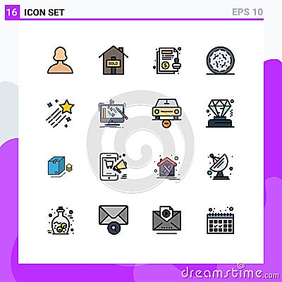 Mobile Interface Flat Color Filled Line Set of 16 Pictograms of space, asteroid, contract, worm, rotten Vector Illustration