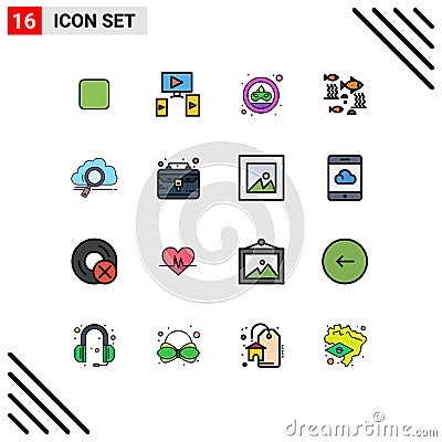 Mobile Interface Flat Color Filled Line Set of 16 Pictograms of storage, cloud, doubloon, under water, river Vector Illustration