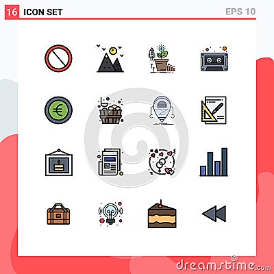 Mobile Interface Flat Color Filled Line Set of 16 Pictograms of tape, audio cassette, mountain, audio, money Vector Illustration