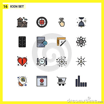 Mobile Interface Flat Color Filled Line Set of 16 Pictograms of tires, light, target, electric, touch Vector Illustration