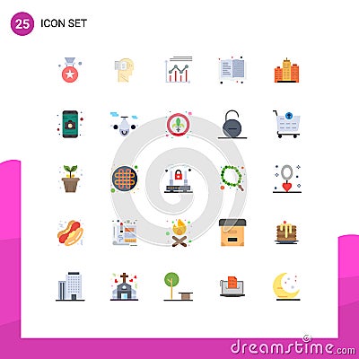 Mobile Interface Flat Color Set of 25 Pictograms of architecture, education, analytics, read, line Vector Illustration
