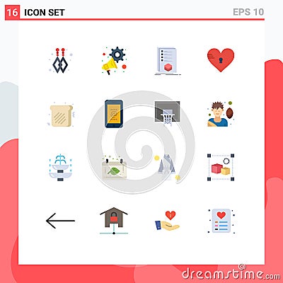 Mobile Interface Flat Color Set of 16 Pictograms of sweet, like, list, love, secure Vector Illustration