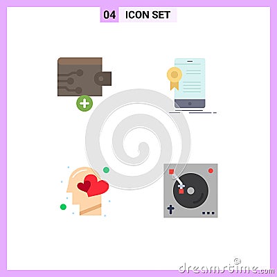 Mobile Interface Flat Icon Set of 4 Pictograms of business, feeling, certificate, application, heart Vector Illustration