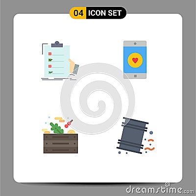 Mobile Interface Flat Icon Set of 4 Pictograms of checklist, heart, list, mobile, salad Vector Illustration