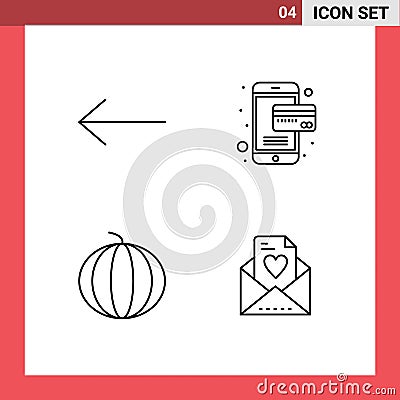 Mobile Interface Line Set of 4 Pictograms of arrow, email, online, food, mom Vector Illustration