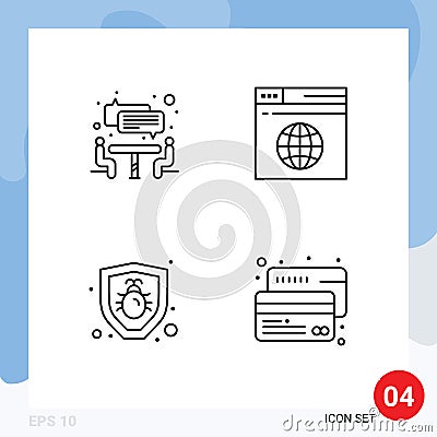 Mobile Interface Line Set of 4 Pictograms of interview, security, internet, web, card Vector Illustration