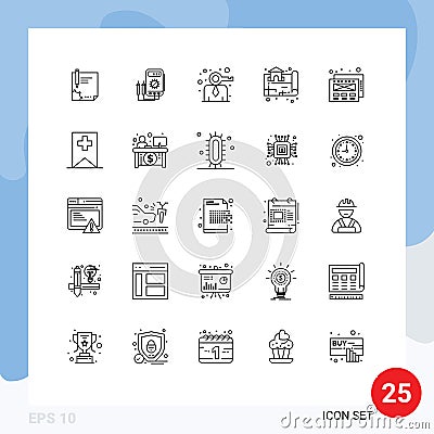 Mobile Interface Line Set of 25 Pictograms of location, person, amper, modern, business Vector Illustration