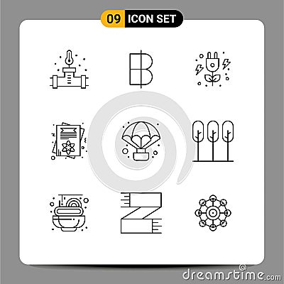 Mobile Interface Outline Set of 9 Pictograms of balloon, adventure, energy, invite card, day Vector Illustration