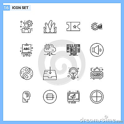 Set of 16 Modern UI Icons Symbols Signs for board, trends, ticket, time, market Vector Illustration