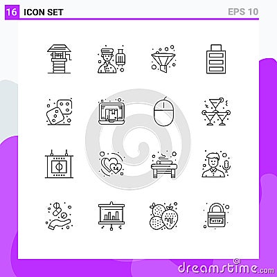 Mobile Interface Outline Set of 16 Pictograms of games, competition, service, simple, battery Vector Illustration