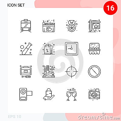 Mobile Interface Outline Set of 16 Pictograms of gym, baseball, star, ball, home Vector Illustration