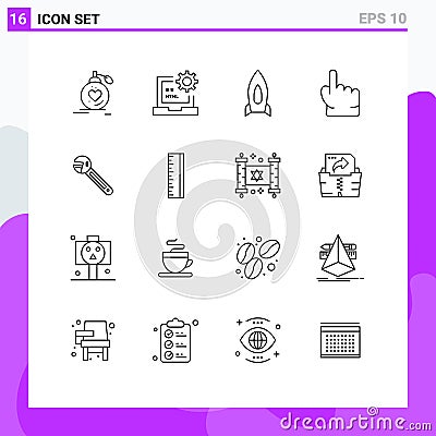 Mobile Interface Outline Set of 16 Pictograms of hand, travel, develop, startup, spaceship Vector Illustration