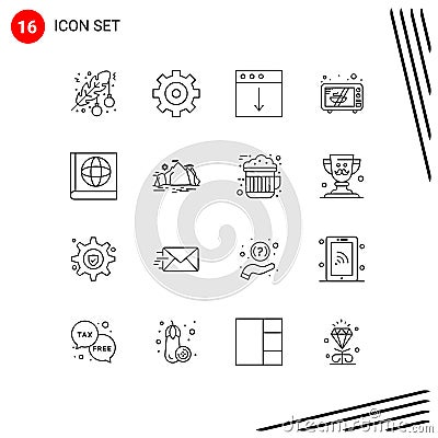 Mobile Interface Outline Set of 16 Pictograms of nature, map, app, oven, electronics Vector Illustration