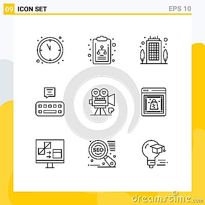 Set of 9 Modern UI Icons Symbols Signs for valentine, video camera, office, movie, mail Vector Illustration