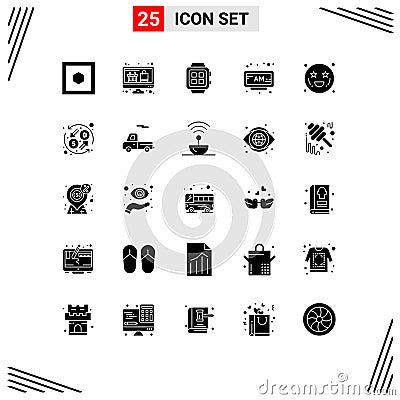 Mobile Interface Solid Glyph Set of 25 Pictograms of affection, time, home, clock, alarm Vector Illustration