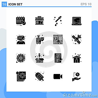 Mobile Interface Solid Glyph Set of 16 Pictograms of blogging, computer, store, office, science Vector Illustration