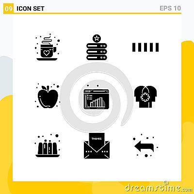 Mobile Interface Solid Glyph Set of 9 Pictograms of data computation, business report, connection, food, autumn Vector Illustration
