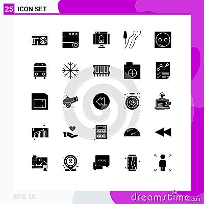 Mobile Interface Solid Glyph Set of 25 Pictograms of hardware, electronic, protect, electric, travel Vector Illustration