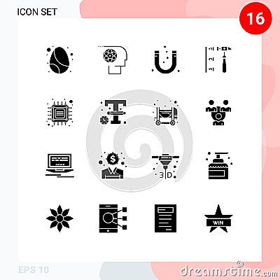 Mobile Interface Solid Glyph Set of 16 Pictograms of inefficient, erroneously, personnel, screw, magnetic Vector Illustration