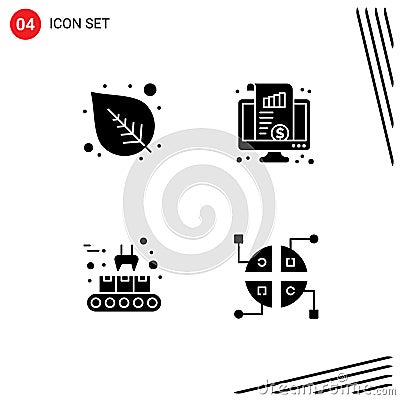 Mobile Interface Solid Glyph Set of 4 Pictograms of leaf, conveyor belt, dashboard, chart, production line Vector Illustration