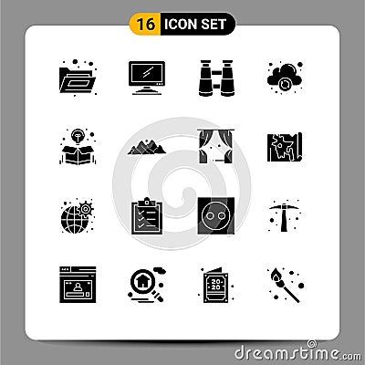 Mobile Interface Solid Glyph Set of 16 Pictograms of package, creative, binoculars, box, computing Vector Illustration