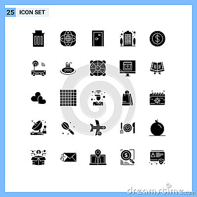 Mobile Interface Solid Glyph Set of 25 Pictograms of property, building, globe, apartment, exit Vector Illustration