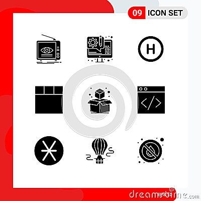 Mobile Interface Solid Glyph Set of 9 Pictograms of web, geometric, web design, cube, grid Vector Illustration