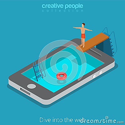 Mobile internet surfing www web phone flat isometric vector 3d Vector Illustration