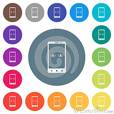 Mobile iris scanner flat white icons on round color backgrounds Stock Photo