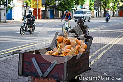 A mobile king coconut seller in the streets of Sri Lanka Editorial Stock Photo