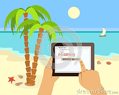 Mobile learning on the beach with tablet Vector Illustration