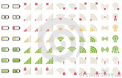 Mobile level icons. Network signal, wifi connection and battery levels icon. Gadgets batteries, phone signals pictogram Vector Illustration