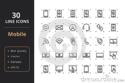 30 Mobile Line Icons Vector Illustration