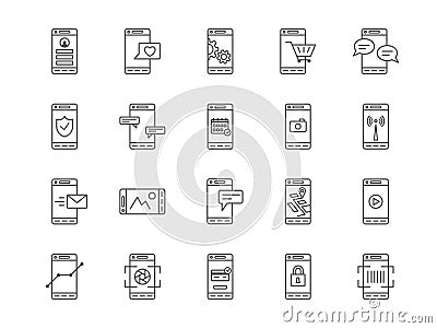 Mobile line symbols. Cellphone payment. Screen lock icons. Statistics smartphone function. Setting and search gear Vector Illustration