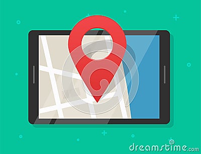 Mobile map navigator with pin pointer marker on city street road on tablet computer screen or position location online Vector Illustration