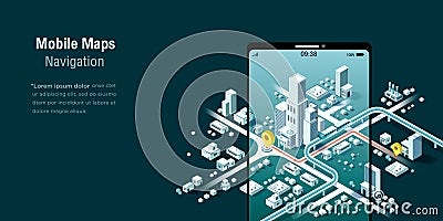 Mobile maps Navigation, And tracking concept. Isometric city map Cartoon Illustration