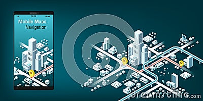 Mobile maps Navigation, And tracking concept. Isometric city map, App design, Infographic Vector Illustration