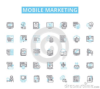Mobile marketing linear icons set. Texts, SMS, MMS, Push, App, In-app, Geolocation line vector and concept signs Vector Illustration