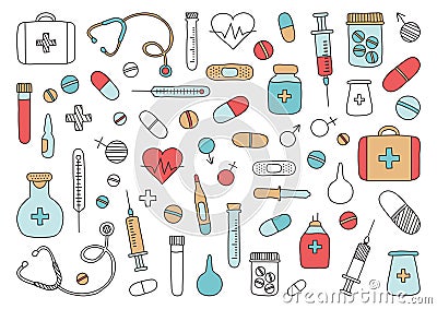 Mobile medicine, medical research. Hand drawn icons. Vector Cartoon Illustration