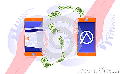 Mobile money transfer app. Money transfer from and to wallet. People sending and receiving money wireless with Vector Illustration