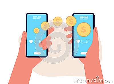 Mobile money transfer. Hands hold smartphones, golden coins flying to other people. E-wallet or e-pay vector Vector Illustration