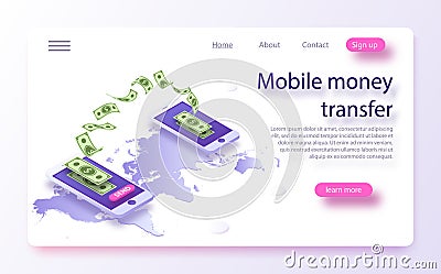 Mobile money transfer isometric vector illustration. Online money transfer concept Vector Illustration