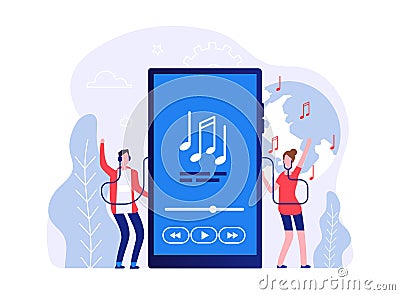 Mobile music concept. People listen songs online vector illustration. Music application, entertainment, audio playlist Vector Illustration