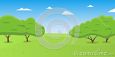 Nature landscape. Cartoon park background with green grass, trees and blue sky. Vector illustration Vector Illustration