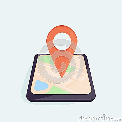 Mobile navigation concept. Smartphone with gps city map on screen with map pointer. Flat design. Illustration Vector Illustration