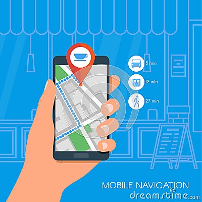 Mobile navigation concept vector illustration. Hand holding smartphone with gps city map on screen and route. Flat Vector Illustration